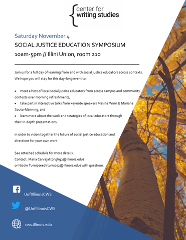 Event flyer with white, yellow, and blue background with autumnal trees in the right-hand frame of the flyer. Text that reads "Social Justice Education Symposium" with event description and contact information appears below.